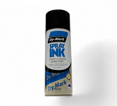 Dymark spray ink white stencil paint 315g aerosol shown for clean visibility on dark packaging or warehouse surfaces
