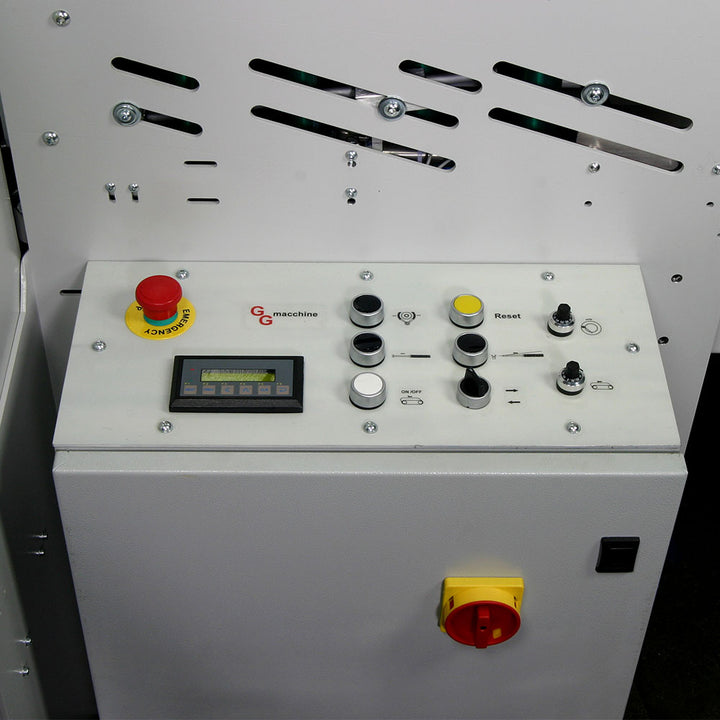 Control panel for semi automatic horizontal wrapping machine featuring emergency stop, reset, and precision cycle adjustment knobs for secure packaging operations