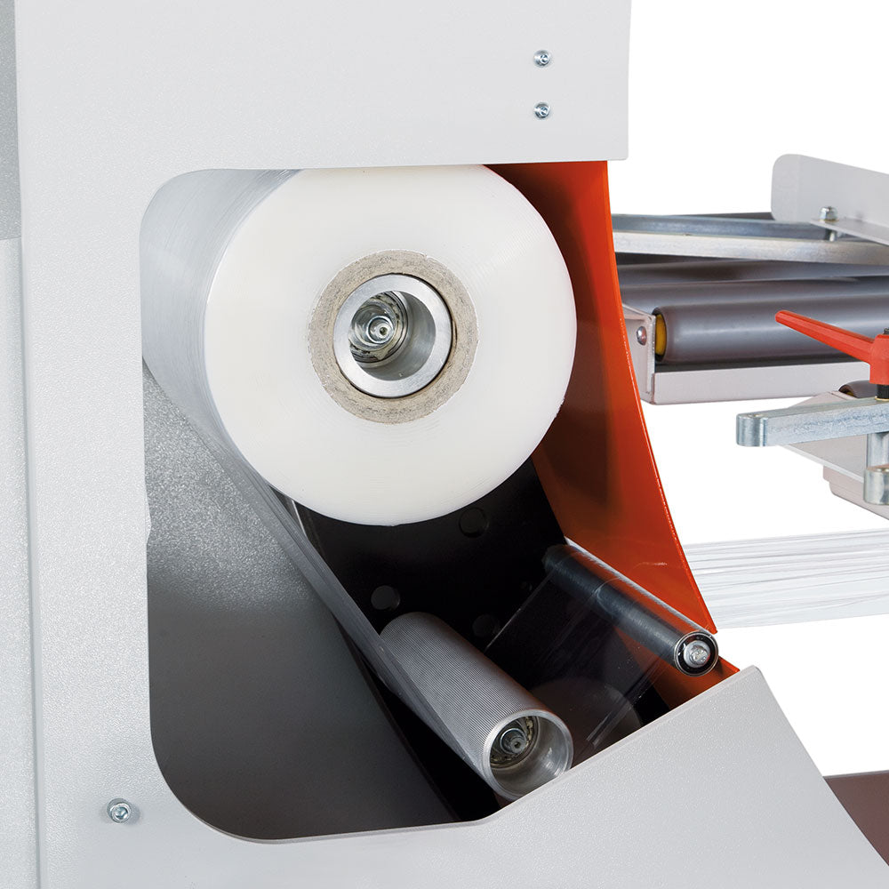 Close-up of the stretch film carriage system showing the film roll and tension rollers on the Evoring-S horizontal wrapping machine