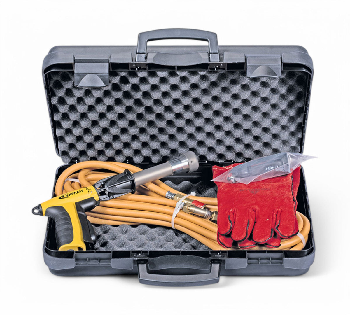 Express Hornet heat shrink gun kit in heavy-duty carry case with burner, gas hose, safety gloves, and ignition kit for industrial shrink wrapping applications