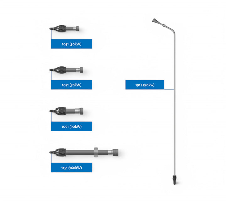 Express Hornet heat shrink burner interchangeable nozzles including 30kW, 70kW, 90kW, and 160kW power heads with angled lance attachment for extended reach in industrial shrink wrapping