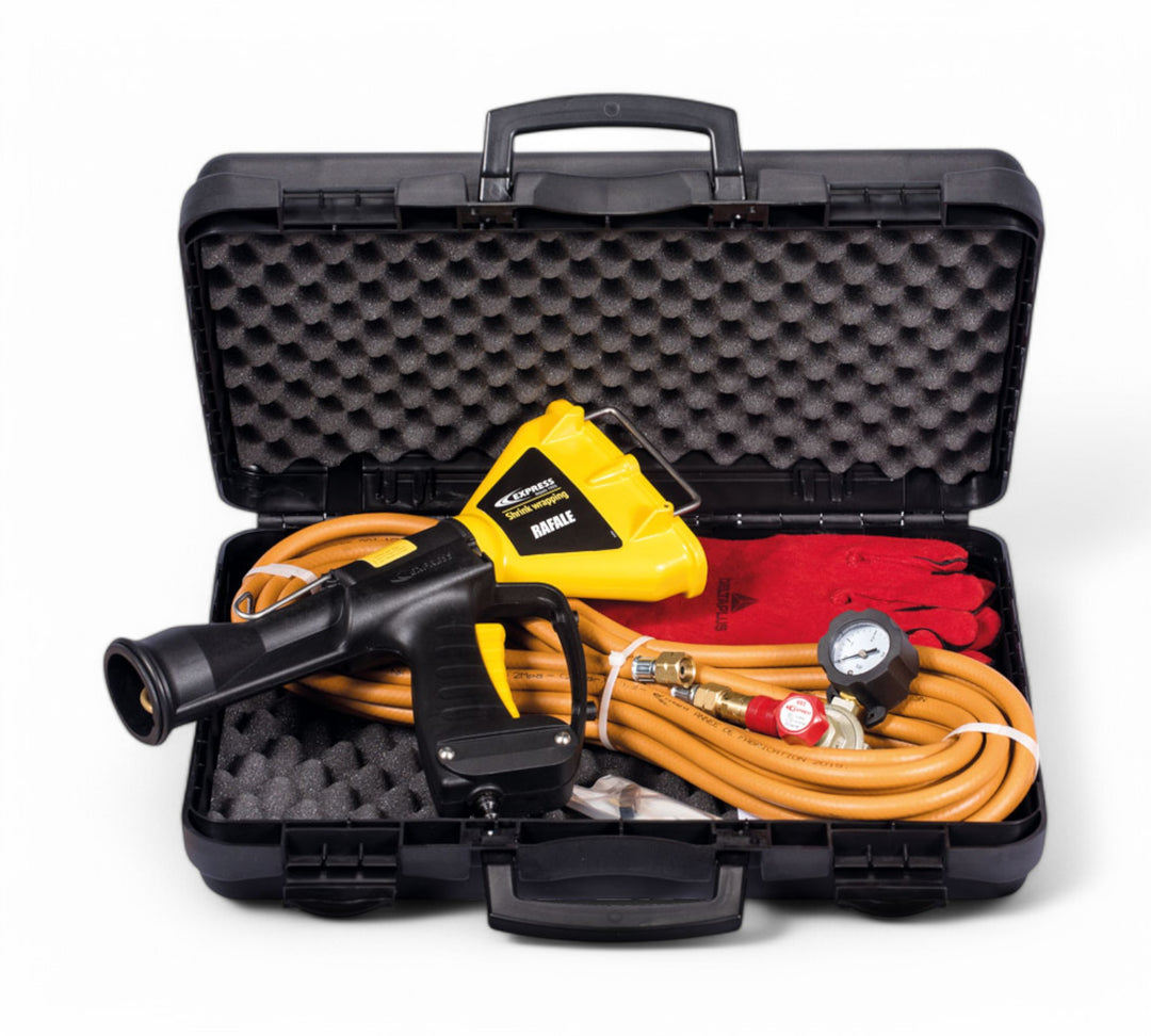 Express Rafale heat shrink gun kit in protective hard case with ignition system, gas regulator, reinforced hose, safety gloves and burner head for professional shrink-wrapping applications
