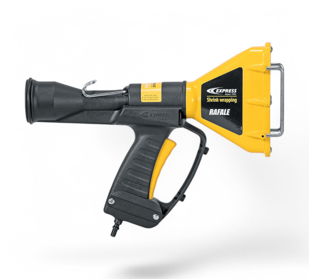 High-performance Express Rafale heat shrink gun with ergonomic handle, protective stainless-steel nozzle, 360-degree rotating burner, and safety hook for efficient industrial shrink wrapping applications