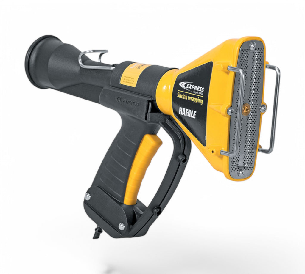 Industrial Express Rafale heat shrink gun with swivel-mounted stainless-steel burner, insulated aluminum nozzle, ergonomic safety grip, and 360° rotating flame head for fast, precision shrink-wrapping of pallets, films, and packaging materials