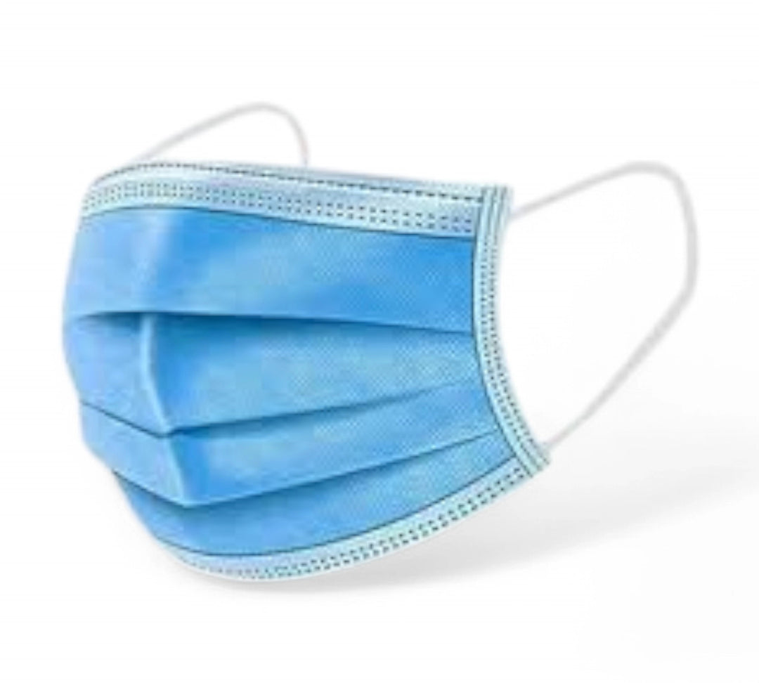 Face masks blue 3 ply shown stacked with ear loops for disposable use in healthcare or hygiene environments