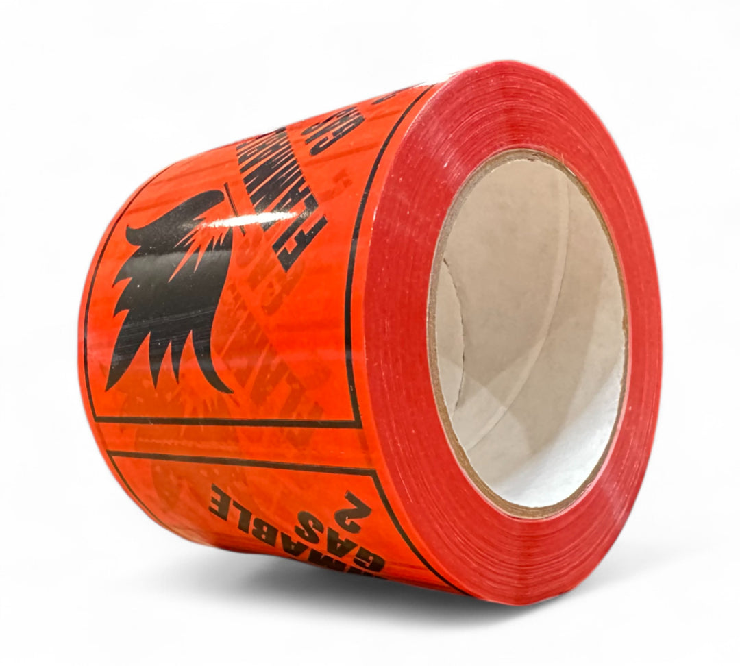Flammable Gas 2 Rip A Label 96 x 100mm black on red shown rolled for DG labelling of cylinders or transport containers