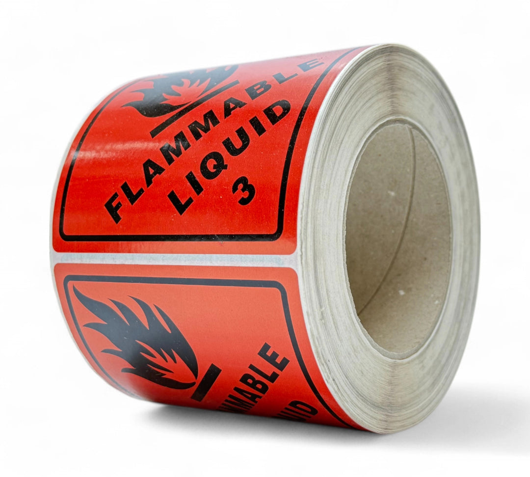 300 x 300mm flammable liquid 3 label stickers displayed in sheets designed for chemical transport compliance