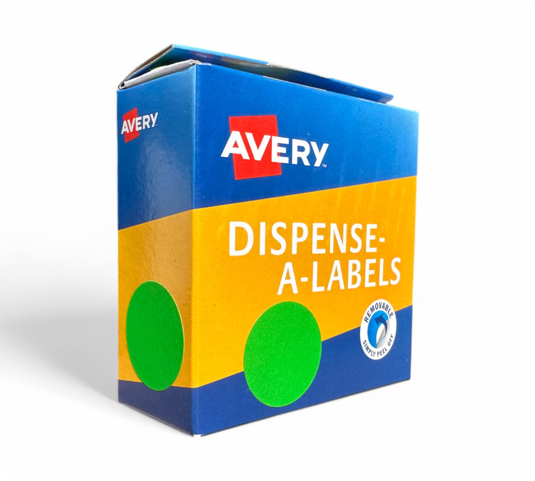 Avery dots fluro green 24mm shown vibrant for hazard alerts stock control or promotional labelling