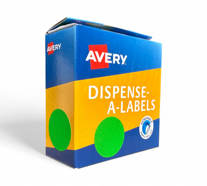Avery dots fluro green 24mm shown vibrant for hazard alerts stock control or promotional labelling
