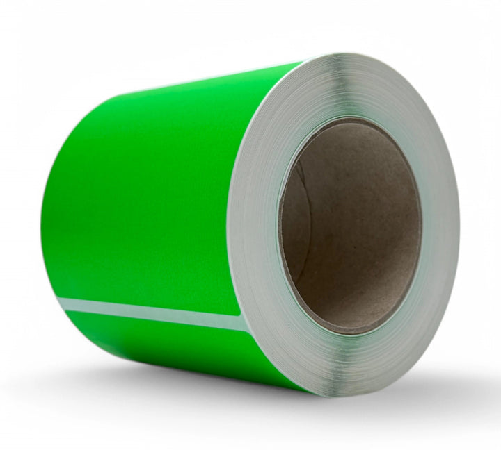 Fluro green thermal transfer labels 119 x 105mm shown in roll format for bold visibility and warehouse scanning