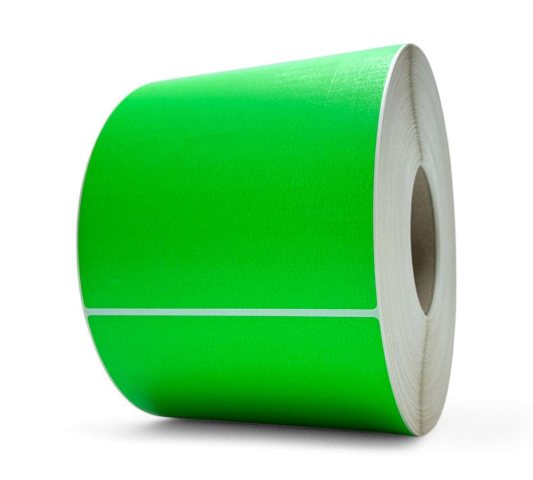 150 x 200mm solid fluro green gloss thermal transfer die cut labels in rolls for standout stock marking