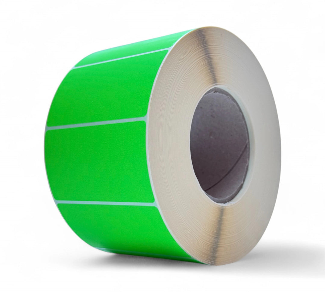 Fluro green 94 x 51mm thermal transfer label rolls designed for sorting systems and clear product visibility