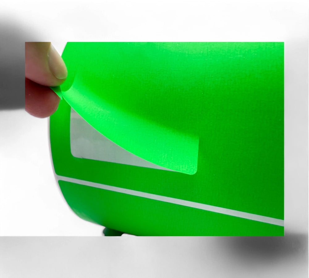 Fluro green thermal transfer labels 150 x 200mm matte finish shown for logistics or inventory use with durable finish