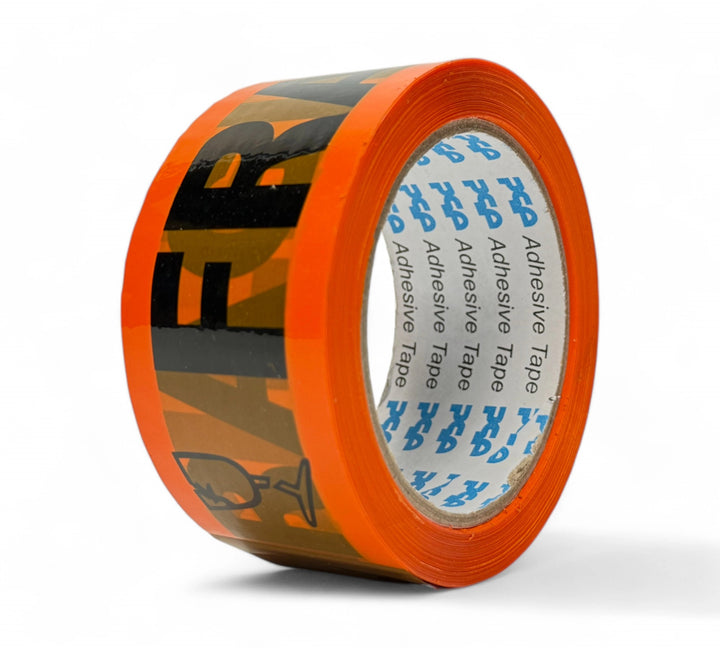 FRAGILE low noise packaging tape 48mm x 66m black on fluro orange shown in rolls for warning labels and fragile shipments
