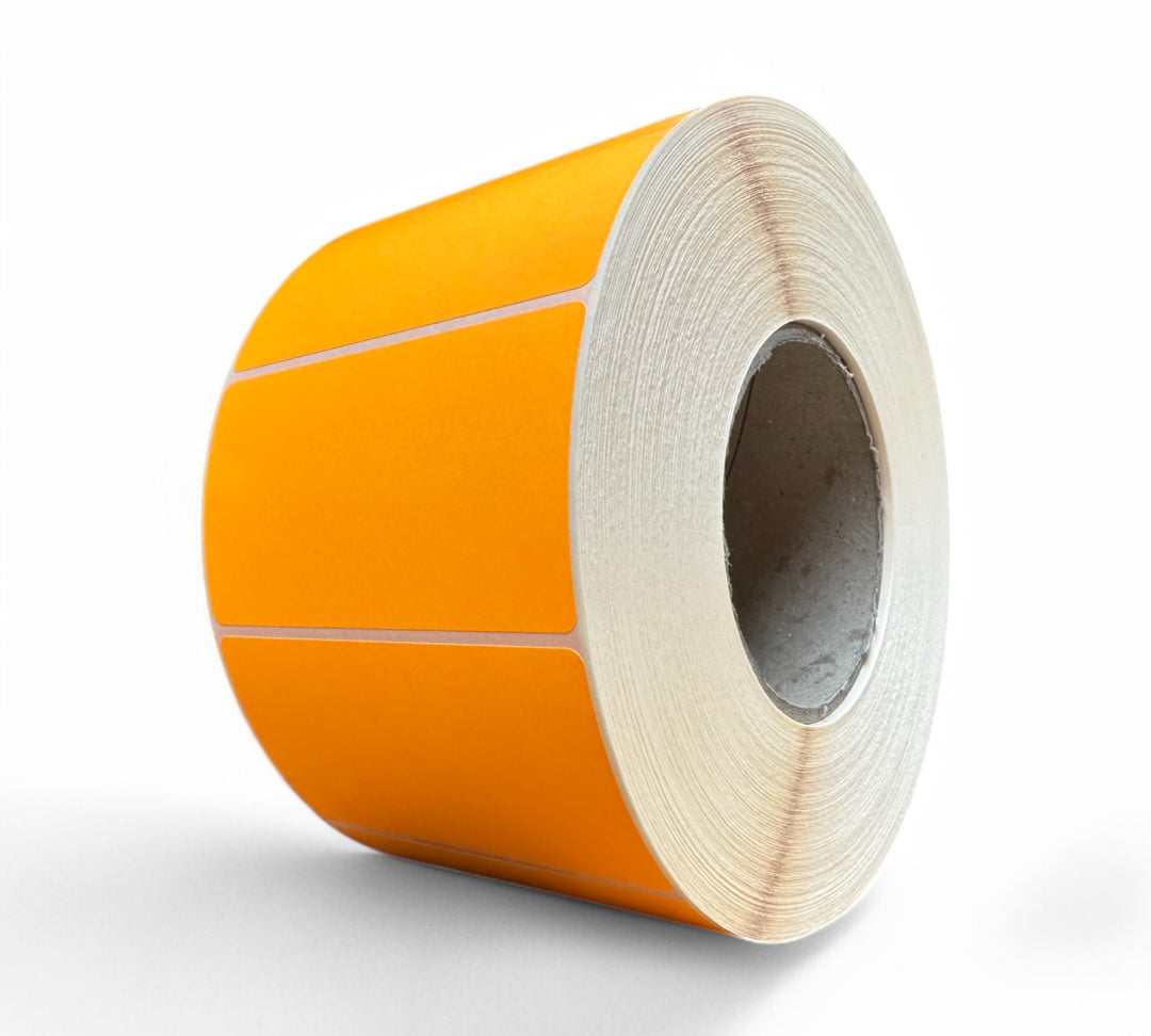 Fluro orange thermal transfer label 94 x 51mm displayed in roll format for hazard and classification labelling
