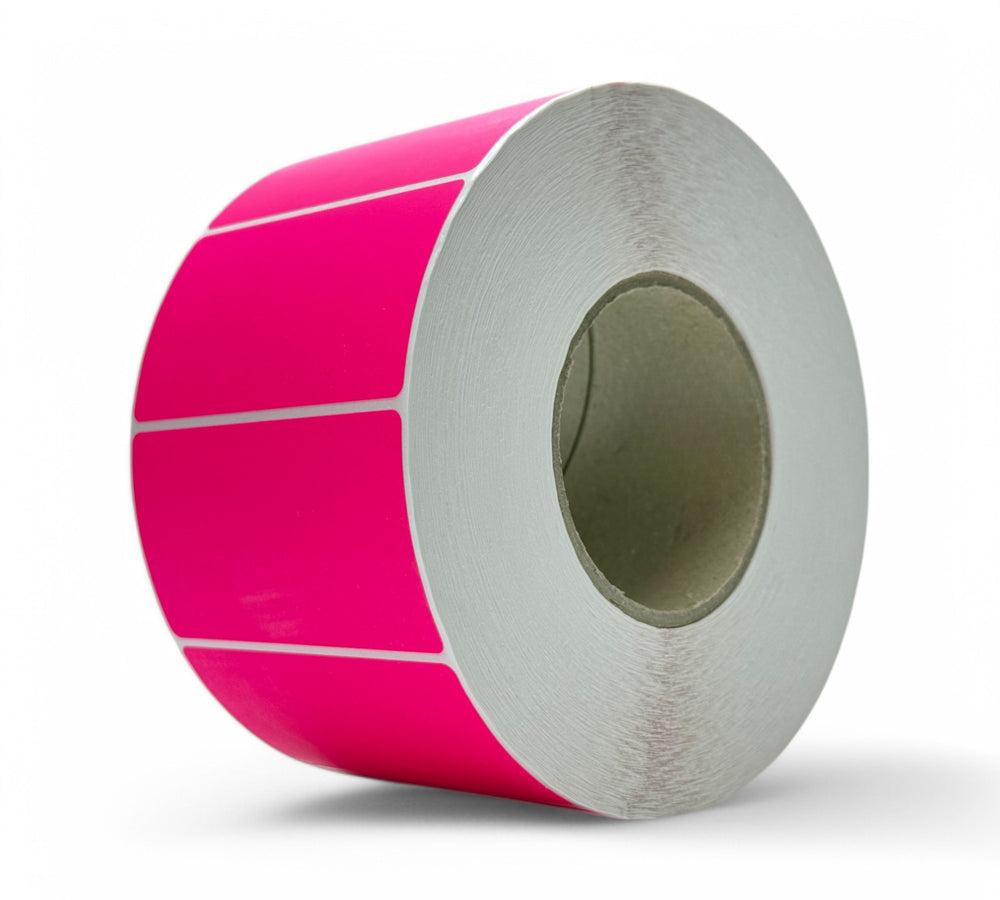 Fluro pink 94 x 51mm thermal transfer labels displayed in rolls for standout identification and colour coding