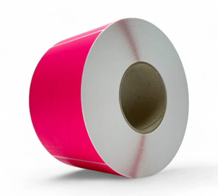 Vibrant fluro pink 100 x 150mm thermal transfer labels with perforation designed for colour-coded inventory systems
