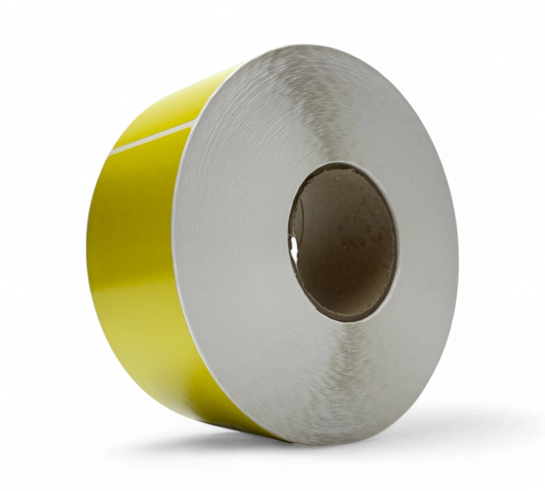 Fluro yellow direct thermal label 80 x 190mm displayed for standout labels in packaging and inventory systems