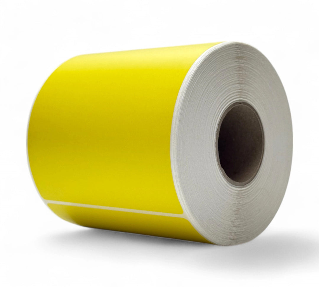 Fluro yellow thermal transfer labels 119 x 105mm shown in bright finish for inventory marking and warning signage