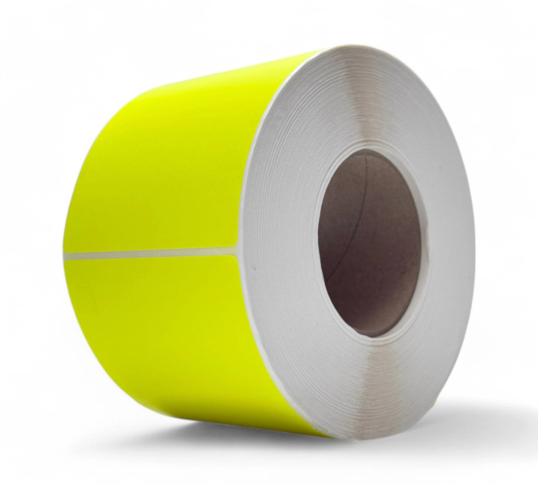 Fluro yellow 103 x 124mm thermal transfer labels coiled in rolls for attention-grabbing warehouse identification