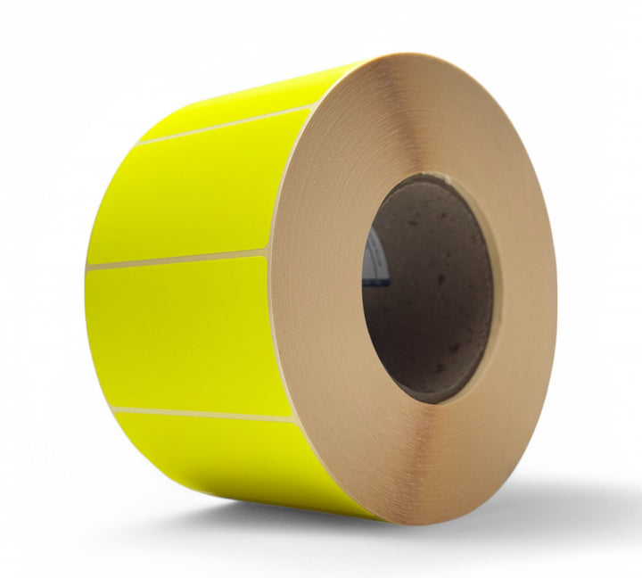 Fluro yellow 94 x 51mm thermal transfer label rolls shown for priority shipping and inventory tagging