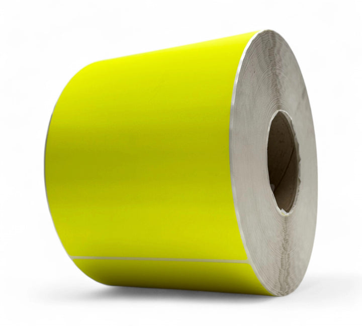 Fluro yellow 150 x 200mm thermal transfer label rolls in matte finish for high-impact visibility on cartons or pallets