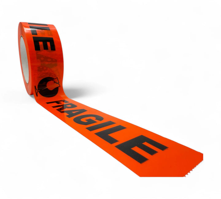 Roll of Fragile Rip-A-Sticker labels 48mm x 250mm in black on fluro orange with perforated edges for easy application