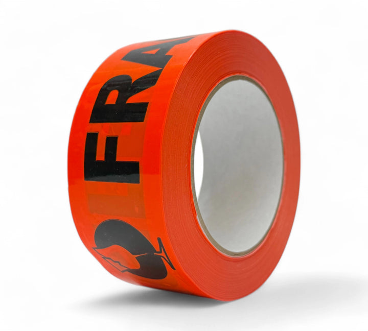  Fragile 48 x 250mm Rip A Label in black on fluro orange shown in rolls for high-impact warning and fragile item marking,