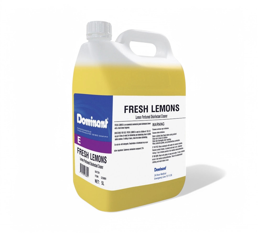 Fresh lemon disinfectant 5L shown in industrial bottle with handle for general cleaning and surface sanitisation