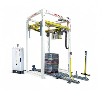 Movitec Saturn S2 stretch wrapping machine shown with fully enclosed rotary ring for automatic high-speed pallet wrapping