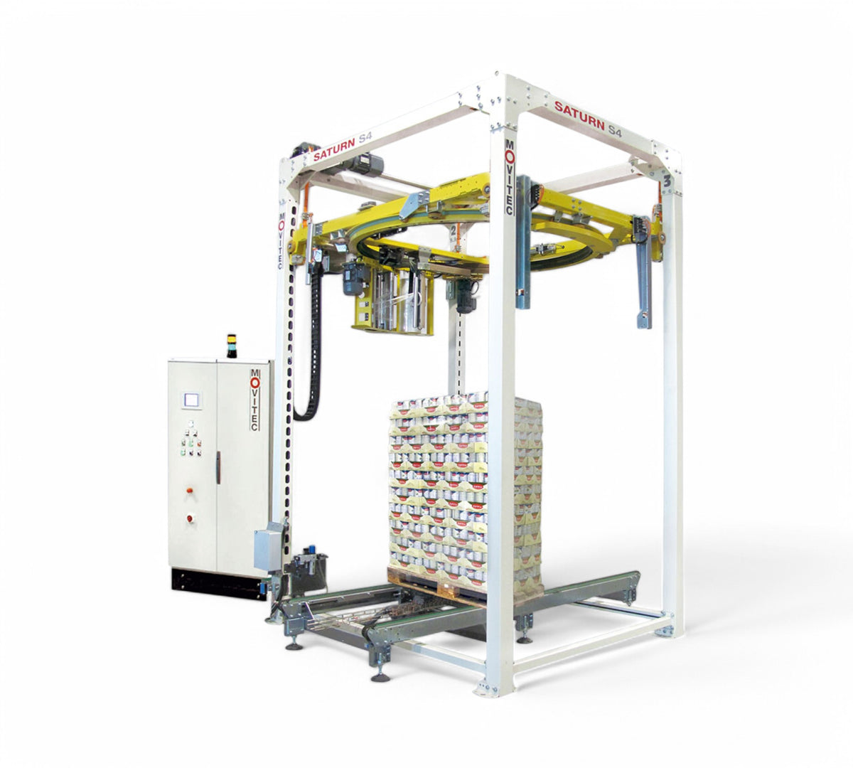 Movitec Saturn S4 displayed with ring wrapping system for precision film application in large-volume operations