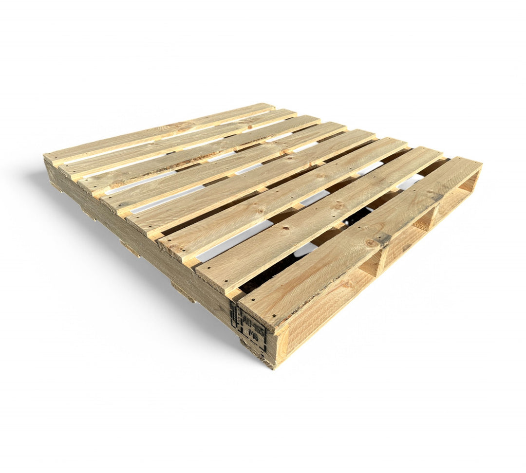 Fumigated timber export pallet 1130 x 1130 shown rough finish top with PET straps for ISPM-15 compliant international shipping
