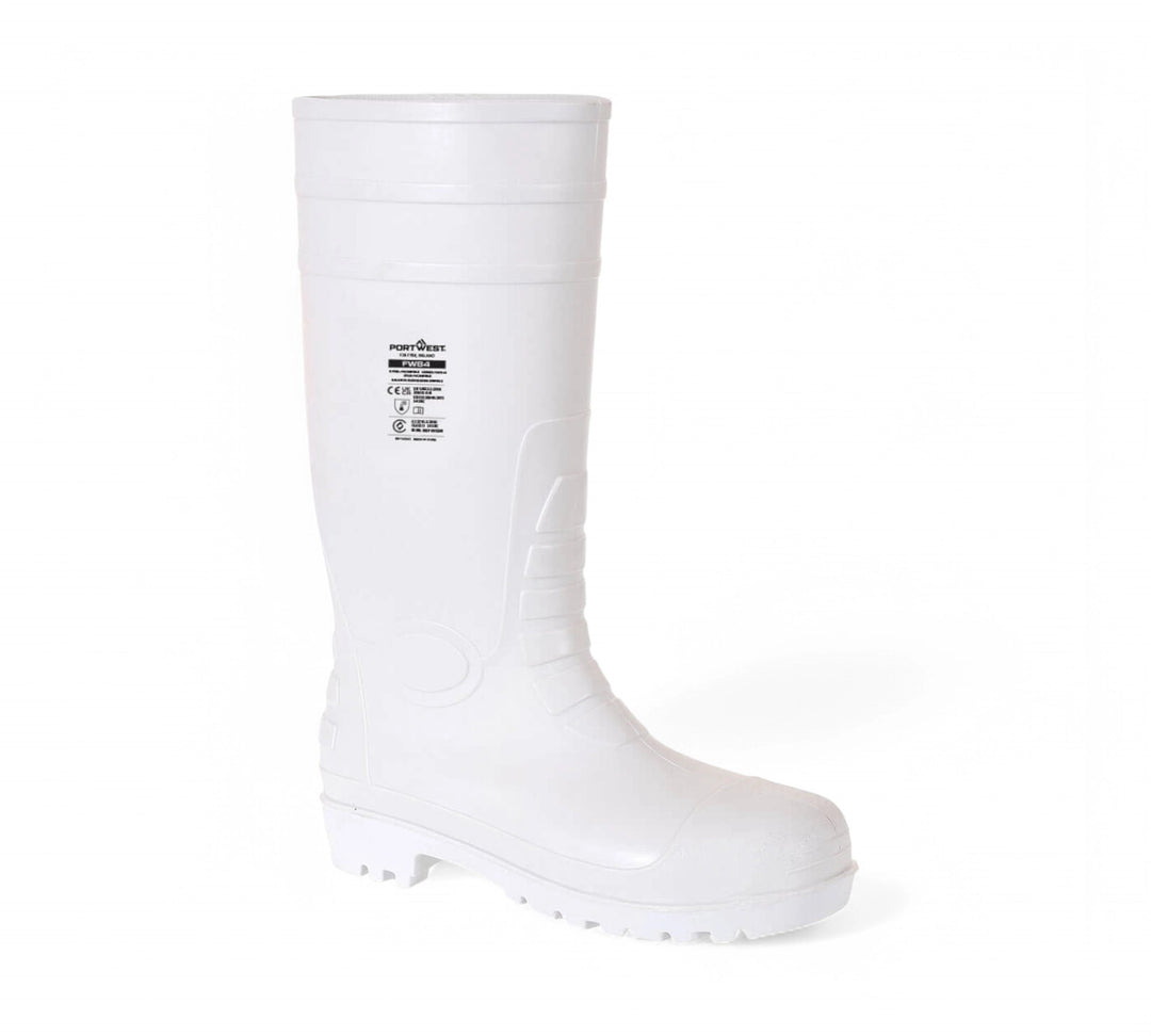 FW84 PVC white food gumboot displayed side view with reinforced sole for meat processing or food grade industries