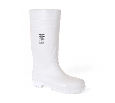 FW84 PVC white food gumboot displayed side view with reinforced sole for meat processing or food grade industries