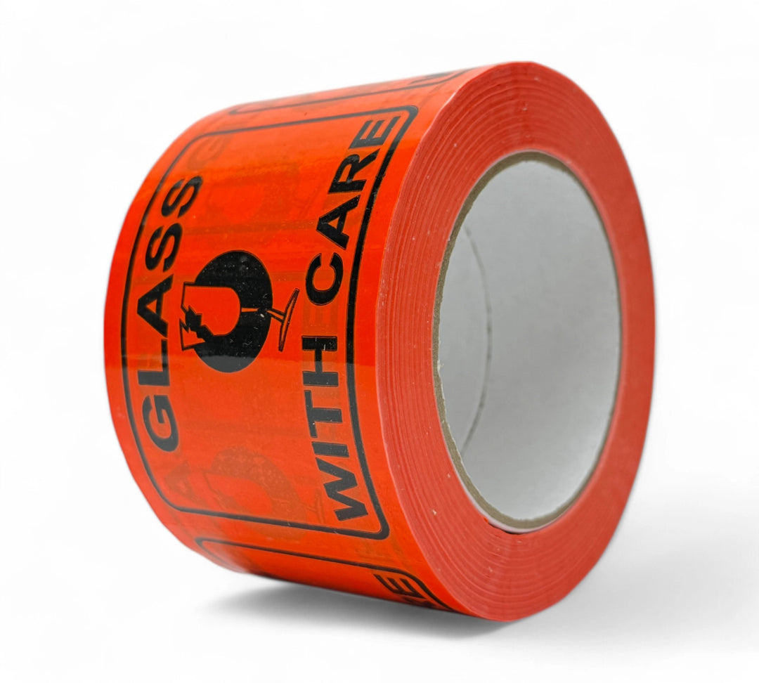 Glass With Care Rip A Label 75 x 100mm black on fluro orange displayed for fragile product shipping and handling