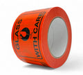 GLASS WITH CARE' Ripper-Sticker 75mm x 100mm Black on Fluro Orange 500/roll (24 rolls/ctn)