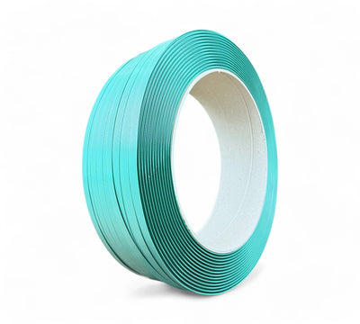 Green smooth PET strapping 15.5mm x 1 x 1000m shown in rolls for secure bundling of heavy-duty freight