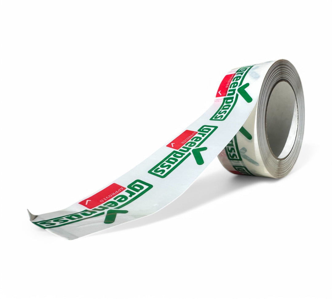Greenpass Approved Rip A Sticker 48mm x 84mm green and red on white shown rolled for export clearance or quarantine use