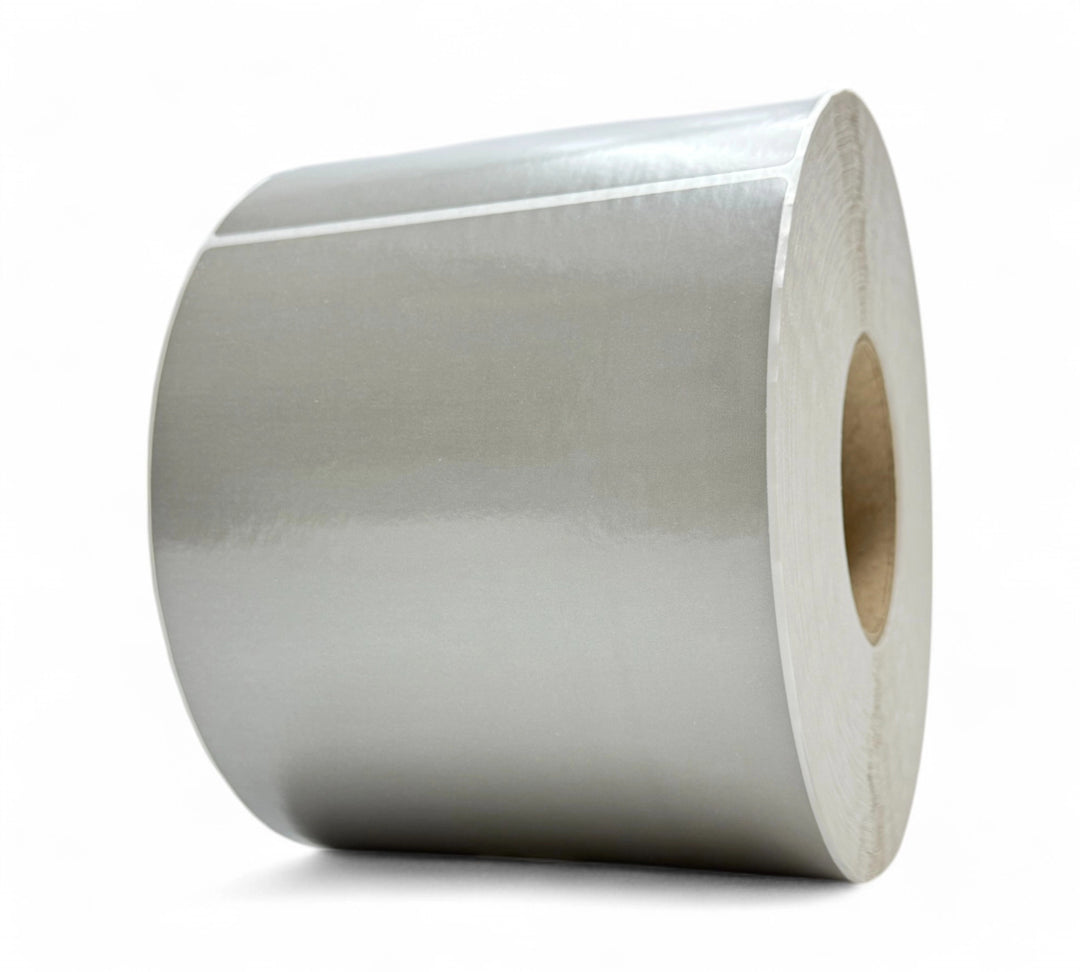 Grey 150 x 200mm thermal transfer labels with matte finish shown in wide rolls for inventory and batch control