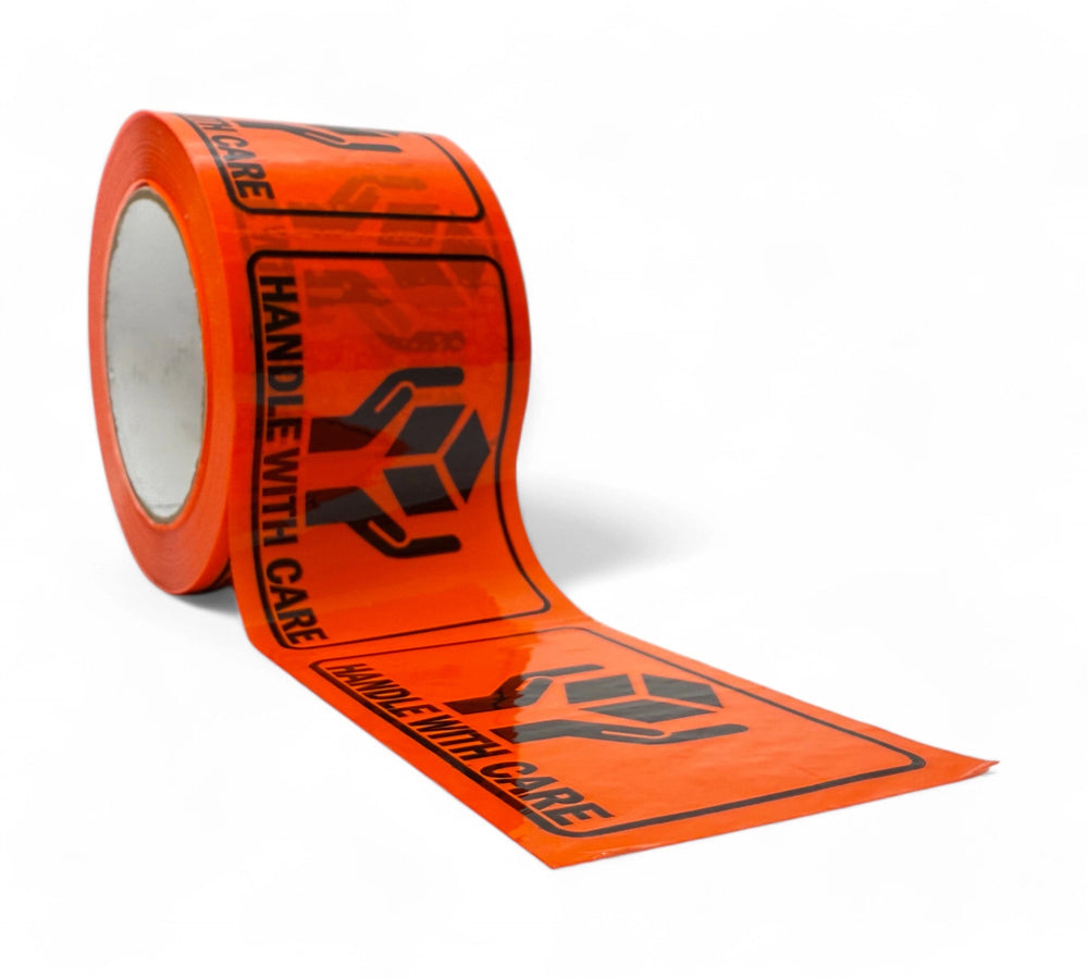 Handle With Care perforated label roll 75 x 100mm, black print on fluro orange with rip-a-sticker format, 500 labels per roll