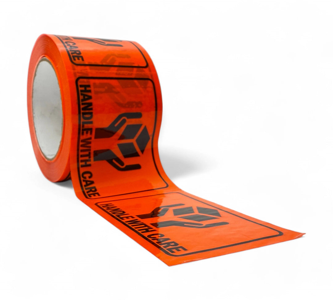 Handle With Care perforated label roll 75 x 100mm, black print on fluro orange with rip-a-sticker format, 500 labels per roll