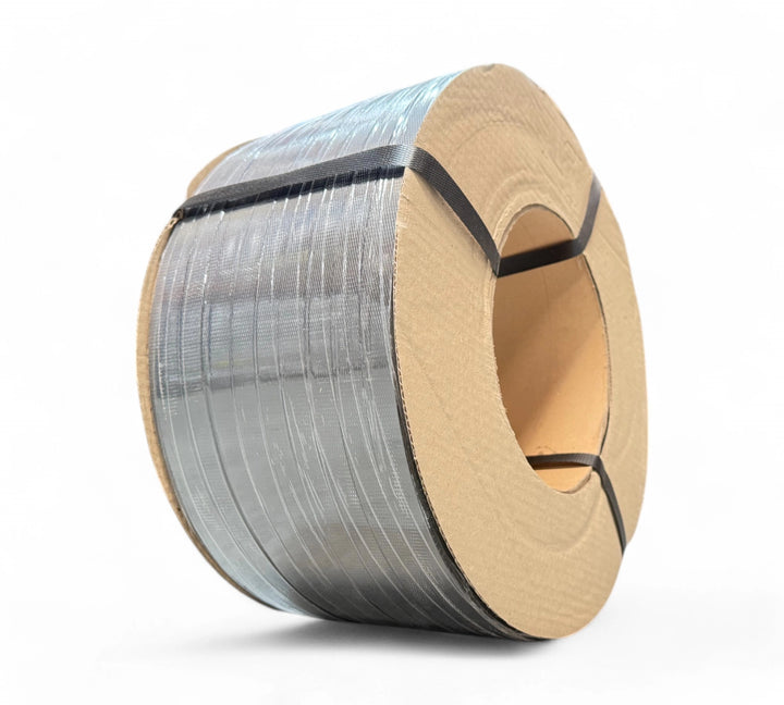 Heavy duty black machine poly strapping 19mm x 1000m displayed for automatic banding in logistics and export