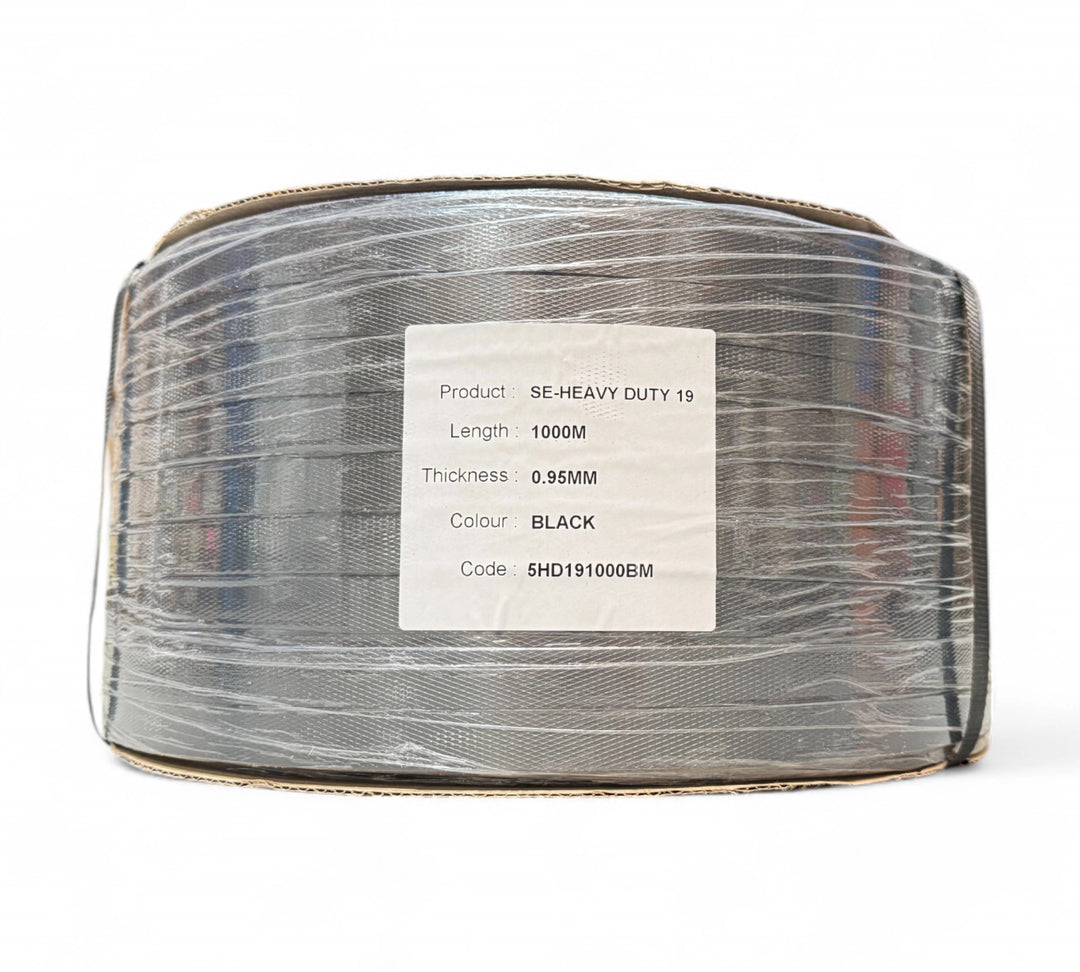 Heavy duty black machine poly strapping 19mm x 1000m shown coiled for consistent use with strapping machines