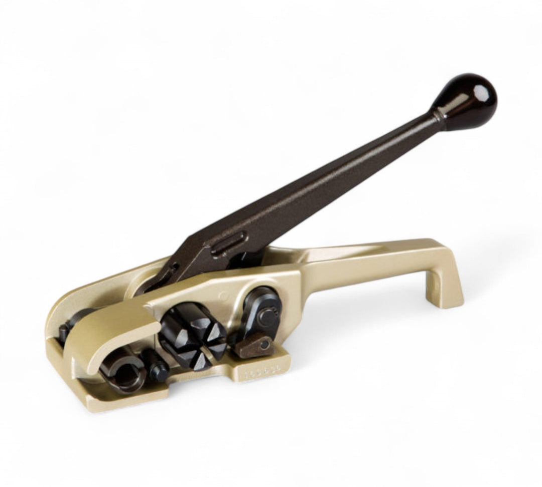 PET strapping tensioner tool being applied to secure a heavy-duty pallet load