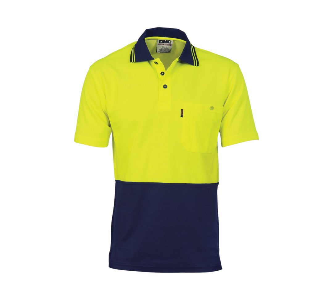 HiVis cotton back two tone polo shirt short sleeve 3814 displayed with breathable fabric and chest pocket for hot working conditions
