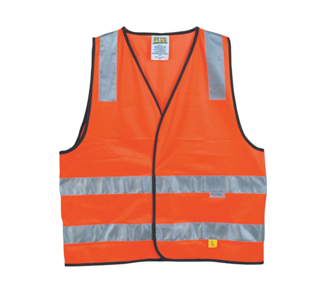 HiVis day and night safety vest orange displayed with reflective tape and fluoro base for 24-hour visibility compliance