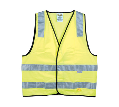 HiVis day and night safety vest yellow shown with bright yellow base and reflective stripes for low light and nighttime work