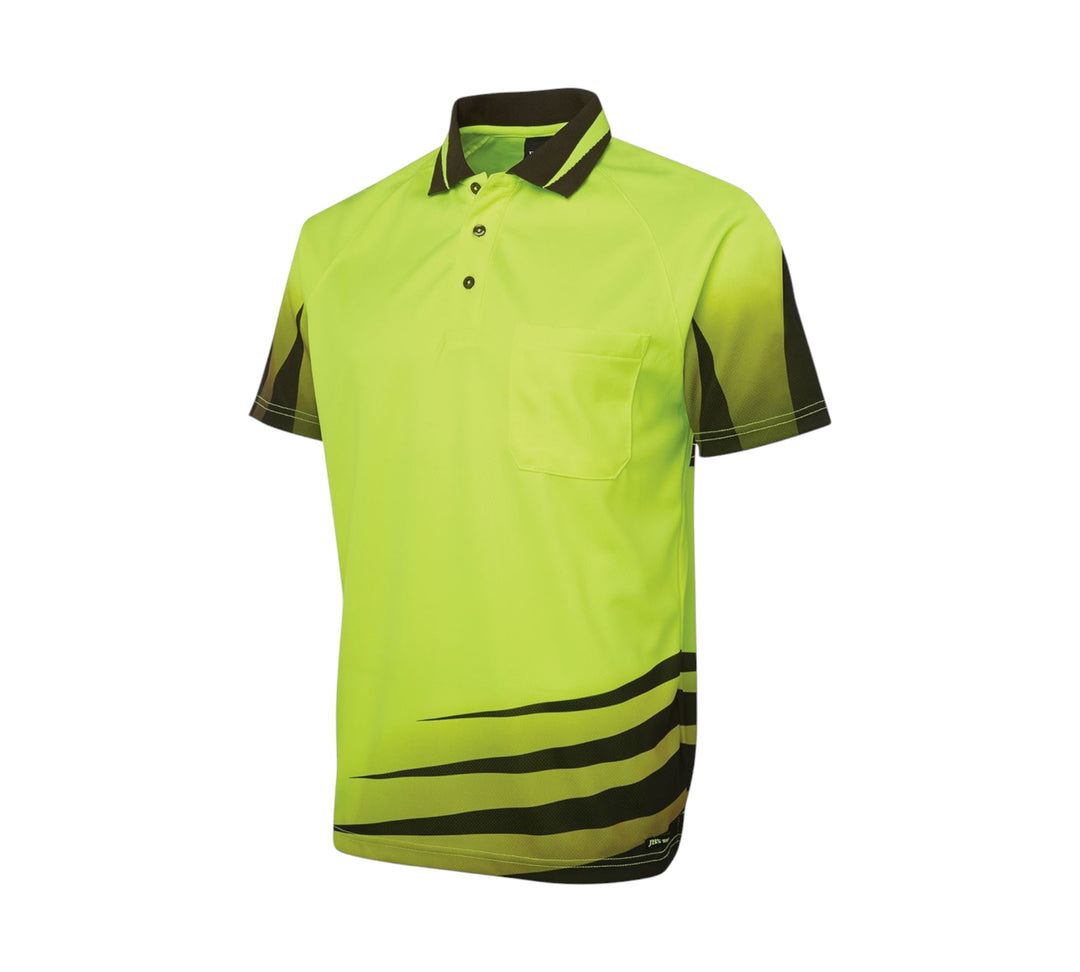 Hi Vis Rippa Sub polo lime and black displayed with modern styling and contrast panels for workwear compliance