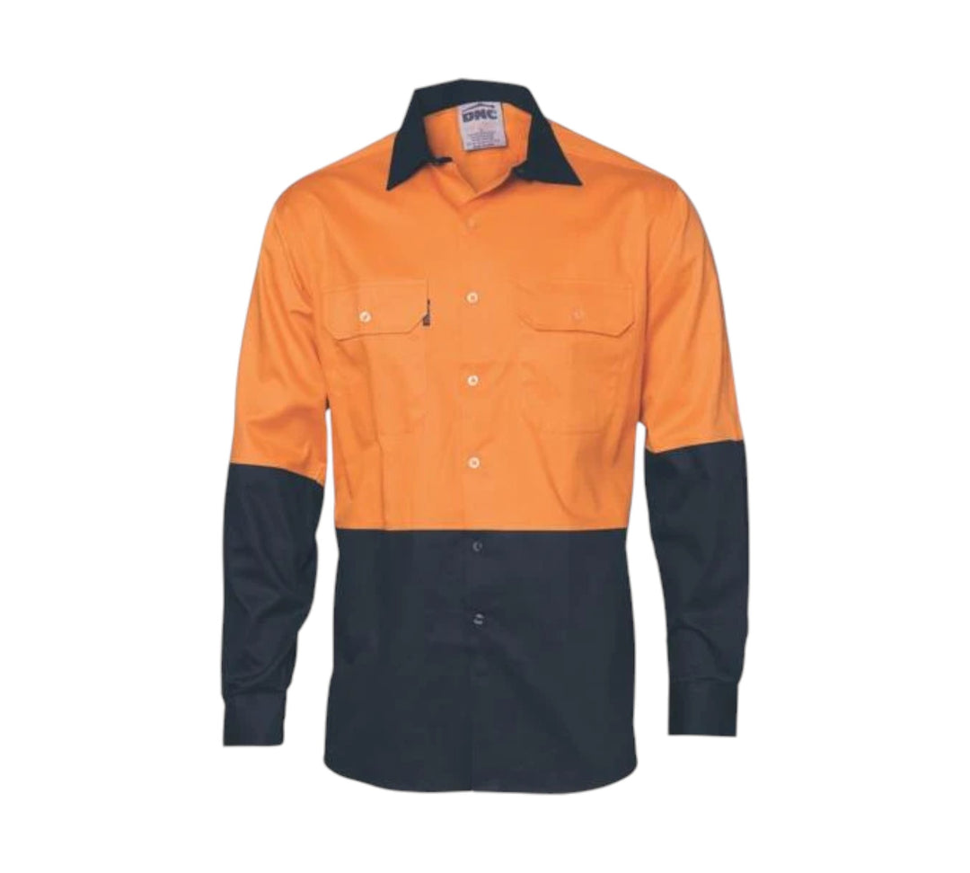 HiVis two tone cool breeze cotton shirt long sleeve 3840 shown with button-up front and mesh ventilation for airflow in hot conditions
