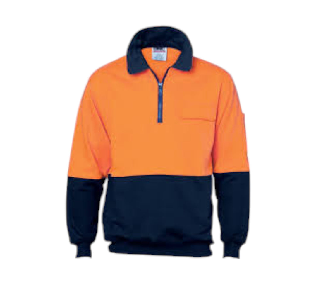 HiVis two tone half zip cotton fleecy windcheater 3923 shown with high neck and contrast arms for warmth and daytime visibility